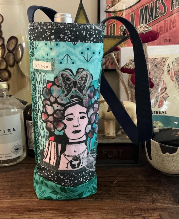 Floral Goddess Wine Tote - Handmade vintage inspired  - original fabric design printed on fabric made with recycled plastic bottles WT 21
