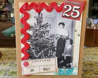 Handmade Holiday Christmas Card - Mixed Media Design with Recycled Fabric, Sustainable Materials, & Vintage-Inspired Details HC 3