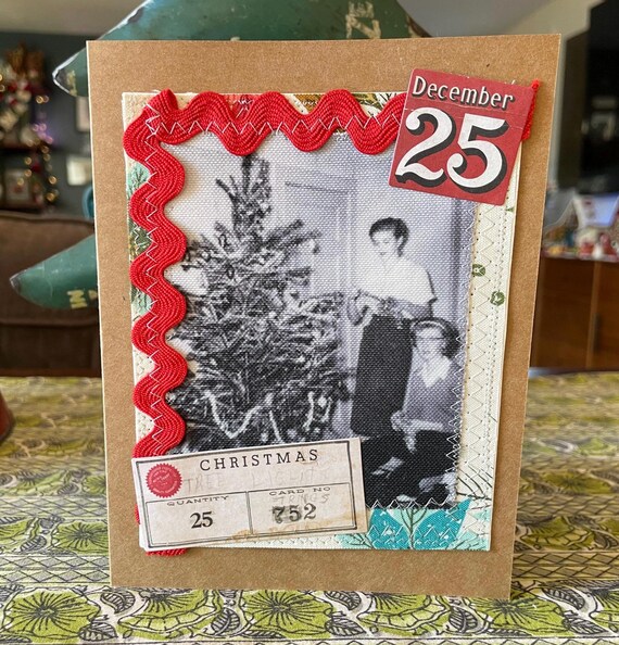 Handmade Holiday Christmas Card - Mixed Media Design with Recycled Fabric, Sustainable Materials, & Vintage-Inspired Details HC 3