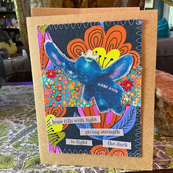 Paris Street Art Elephant Card: Handmade Mixed Media, Recycled Fabric FC 14