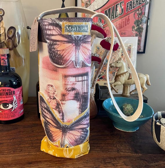 Vintage-Inspired Butterfly Lady Handmade Wine/Water Bottle Tote – Original Design, Eco-Friendly, Fabric Made from Recycled Plastic  WT2