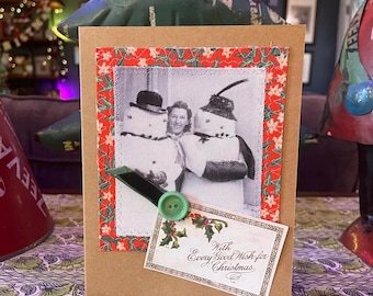 Handmade Snowman Holiday Christmas Card - Mixed Media Design with Recycled Fabric, Sustainable Materials, & Vintage-Inspired Details HC -10