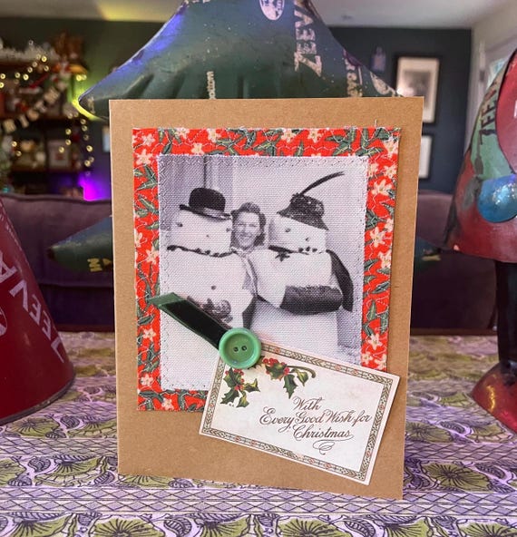 Handmade Snowman Holiday Christmas Card - Mixed Media Design with Recycled Fabric, Sustainable Materials, & Vintage-Inspired Details HC -10
