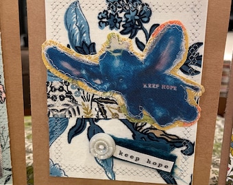 Handmade Mixed Media Card with Recycled Fabric and Vintage Photo - Blank Inside - Eco Friendly Greeting Card FC 7