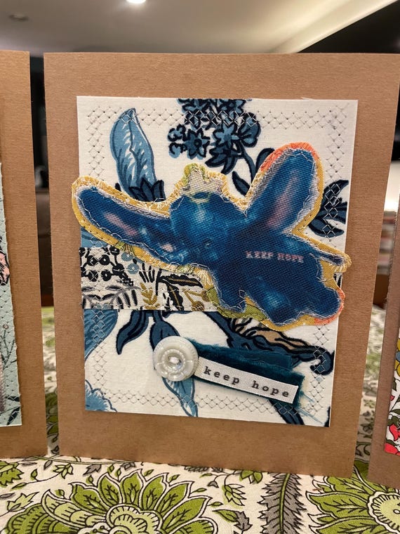 Handmade Mixed Media Card with Recycled Fabric and Vintage Photo - Blank Inside - Eco Friendly Greeting Card FC 7