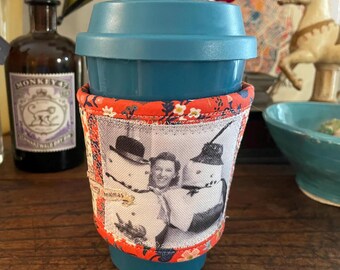 Vintage-Inspired Snowman Quilted Holiday Coffee Cozy - Heat Reflective & Decorative - Original Design on Recycled Fabric - Unique gift -CC 5