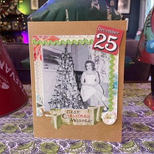 Cartão de Natal feito à mão - Design de mídia mista com tecido reciclado, materiais sustentáveis e detalhes de inspiração vintage HC 12