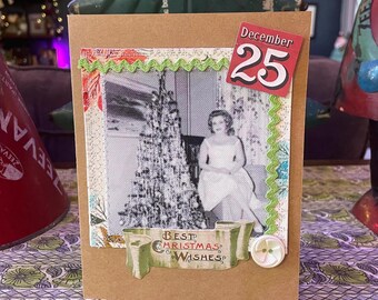 Handmade Holiday Christmas Card - Mixed Media Design with Recycled Fabric, Sustainable Materials, & Vintage-Inspired Details HC 12