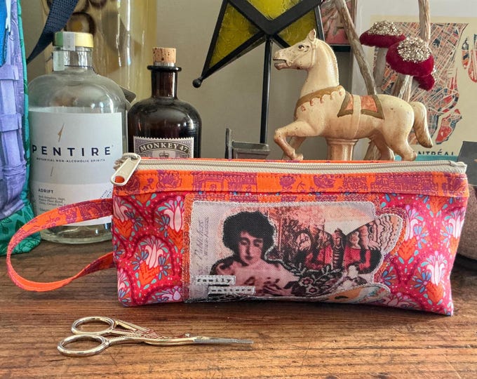 Featured listing image: Handmade Recycled Zipper Pouch - Eco-Friendly Cosmetic Bag - Vintage Inspired Original design on recycle fabric - Small Travel Pouch SWB 6