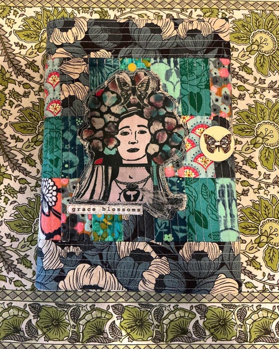 Handmade Quilted A5 Journal Cover: Recycled Fabric, Artisan Clay Button