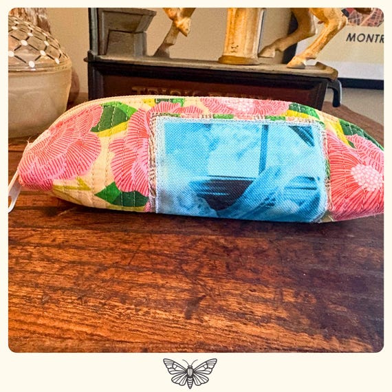 Quilted Eyeglass Case, Recycled Plastic Bottle Fabric, Zipper Glasses Pouch, Vintage Photo Print, Eco Friendly Gift, Positive Message