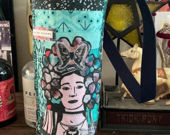 Floral Goddess Handmade Wine Tote - vintage inspired - original fabric design printed on fabric made with recycled plastic bottles WT 20