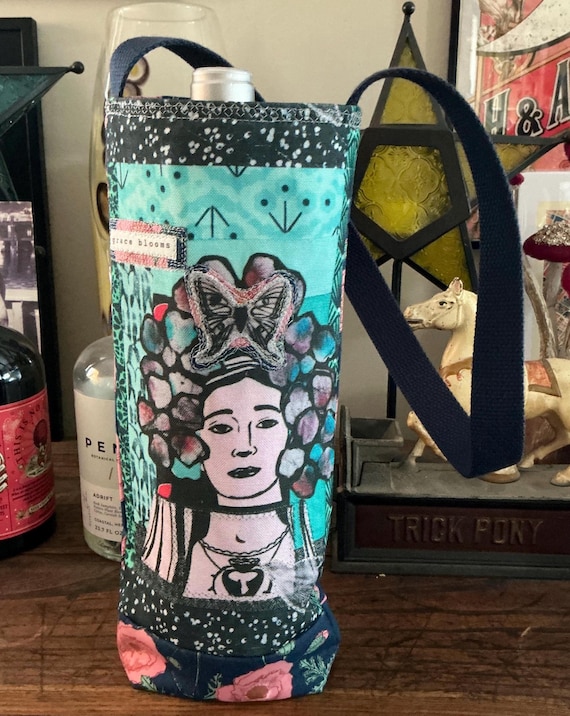 Floral Goddess Handmade Wine Tote - vintage inspired - original fabric design printed on fabric made with recycled plastic bottles WT 20