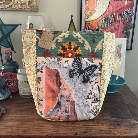 Waverly Fabric Collage Tote Bag – Queen Wings Original Design, Vintage-Inspired Handmade - Eco-Friendly, Recycled Fabric Shoulder Bag  2LRG