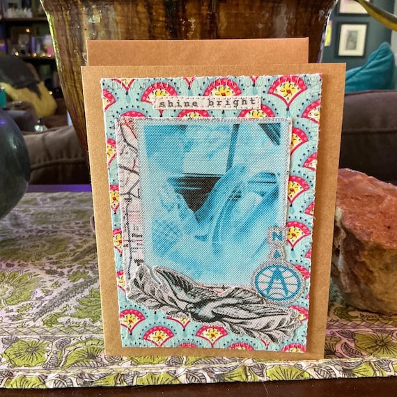 Handmade Mixed Media Card: Recycled Fabric, Vintage Photo, Blank Inside. FC 11