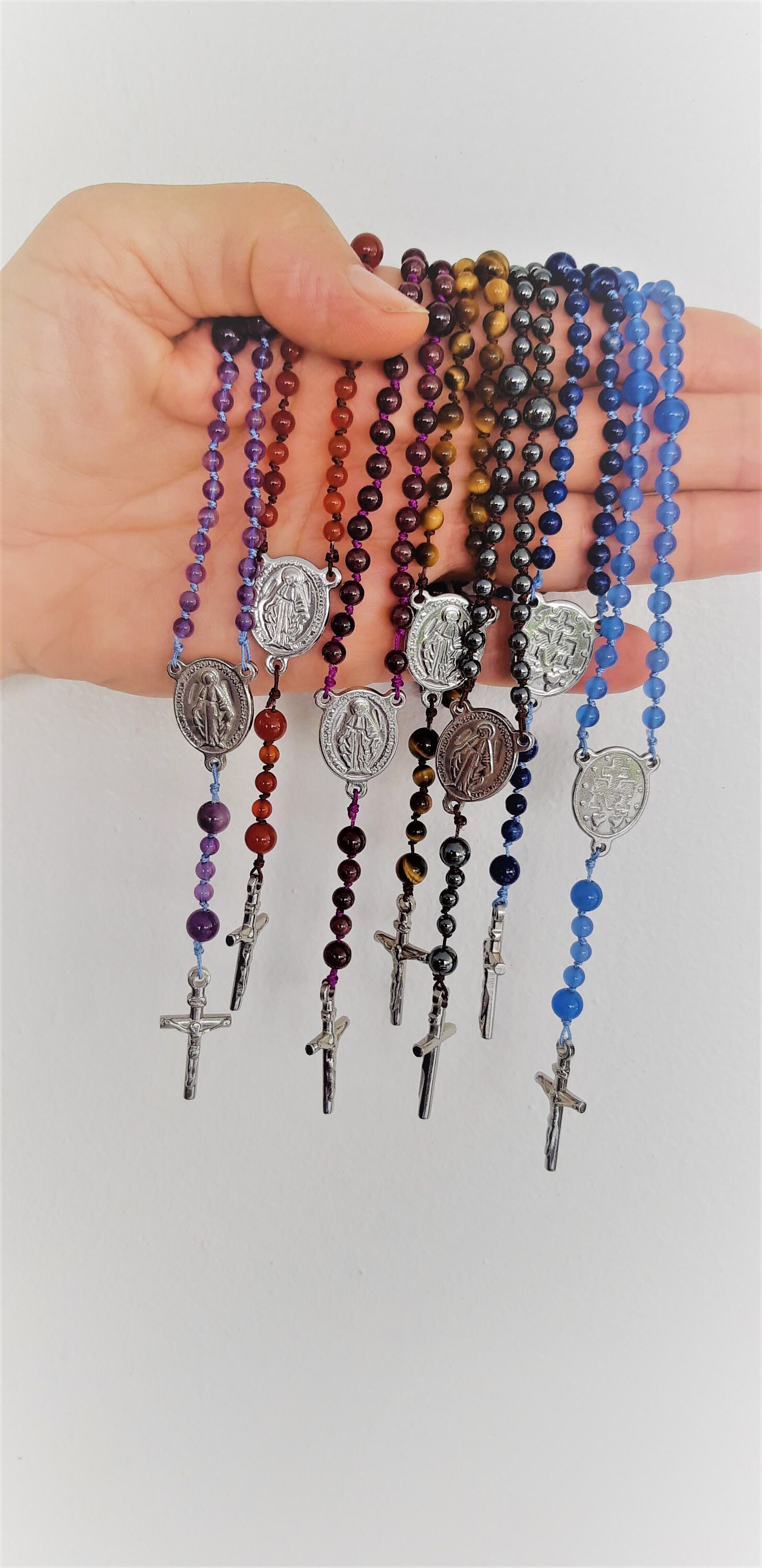 Mini Chapelet/Sac-Chevet-Rétroviseur/Inox/Fil de Jade/Religion/Agate-Lapis Lazuli-Hématite-Oeil Tigr