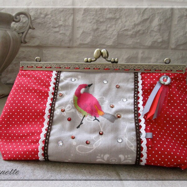 Trousse fermoir rétro rouge oiseau