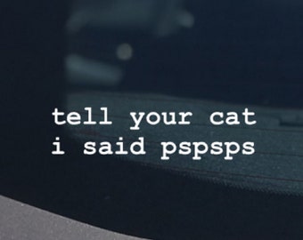 May include: A white sticker on a car window, reading "tell your cat i said pspsps". The sticker is affixed to the rear window of a grey car, with the interior visible through the glass.