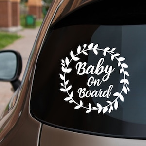 Baby on Board Car Decal Vinyl Sticker with Wreath. Elegant Baby on Board Car Window Sticker Round Leaf wreath