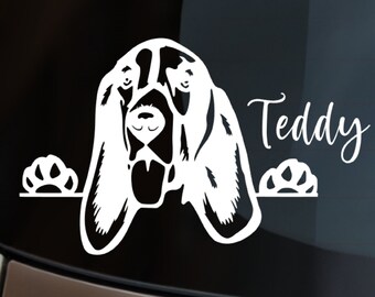 Adesivo de vinil para carro com um cão Basset Hound espiando, texto personalizado e à prova d'água.
