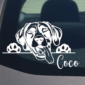 May include: White vinyl decal of a dog peeking over a ledge with its paws showing. The dog has its tongue sticking out and the text "Coco" is written below the dog.