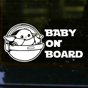 Naklejka Baby Yoda on Board. Zabawna naklejka Baby on Board Star Wars 200 x 90 mm winylowa naklejka samochodowa na okno Grogu
