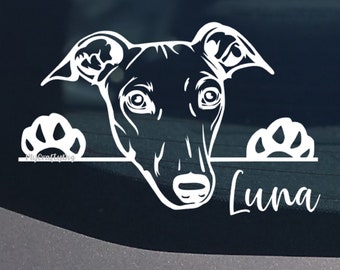 Greyhound hond auto sticker sticker gluren, Whippet hond sticker, vinyl venster schattig, geschenken, liefhebber van windhond, windhonden, Greys Whippet