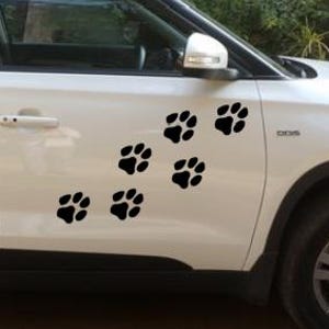 Könnte beinhalten: Weißer SUV mit schwarzen Akzenten und schwarzen Pfotenabdruck-Aufklebern an der Seite. Das Fahrzeug parkt im Freien, mit Grün und einer Steinmauer im Hintergrund. Das Auto hat dunkelgraue Räder.