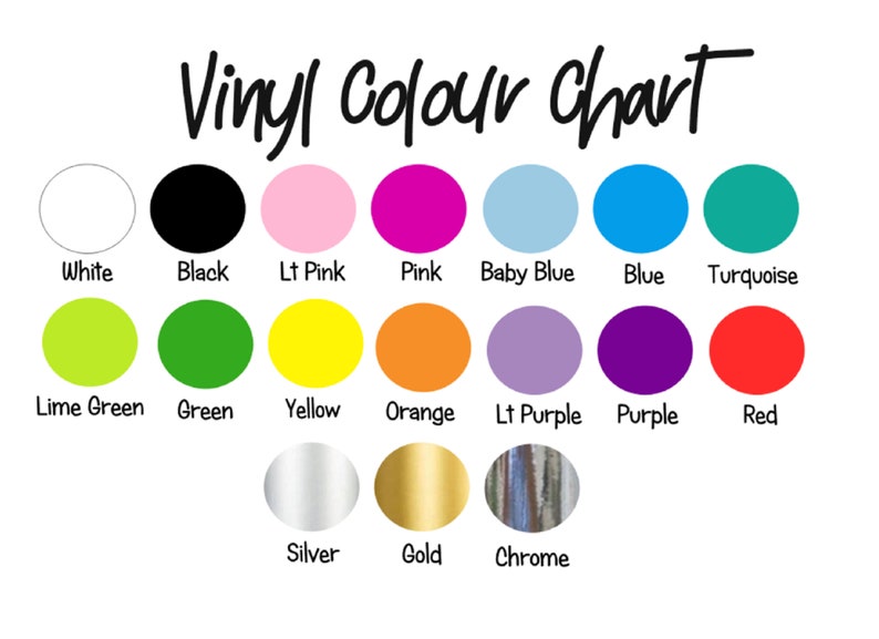 Op de afbeelding: Een vinyl kleurenkaart met een witte achtergrond en zwarte tekst. De kaart toont een verscheidenheid aan vinylkleuren, waaronder wit, zwart, roze, blauw, groen, geel, oranje, paars, rood, zilver, goud en chroom.