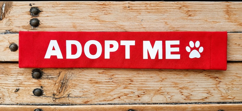 May include: A rectangular red fabric band featuring the white text ADOPT ME in capital letters followed by a white paw print graphic. The band is designed for display and is presented as a flat, horizontal strip with clean, straight edges.