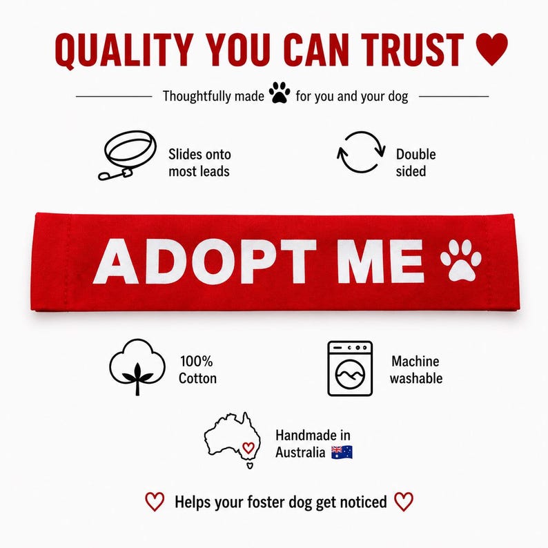 May include: A rectangular red fabric leash sleeve featuring the white text ADOPT ME and a paw print icon. The graphic includes icons for 100% cotton material, machine washability, double-sided design, and compatibility with most dog leads.