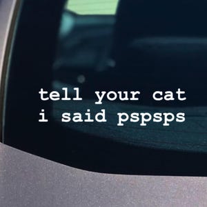 Puede incluir: Una calcomanía de vinilo blanco aplicada a la ventana oscura de un automóvil con el texto "tell your cat i said pspsps" en una fuente sans-serif simple y en minúsculas. El adhesivo está colocado horizontalmente en el cristal trasero.