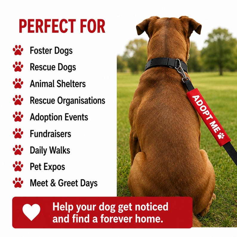 May include: A brown dog seen from behind wearing a black collar attached to a black leash with a red sleeve featuring the white text ADOPT ME and a paw print icon. The image includes a list of uses and the text Help your dog get noticed.
