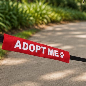 May include: A bright red rectangular leash sleeve featuring the white text ADOPT ME and a small white paw print icon. The sleeve is attached to a black dog leash, positioned horizontally across the frame next to a grey dog with its mouth open.