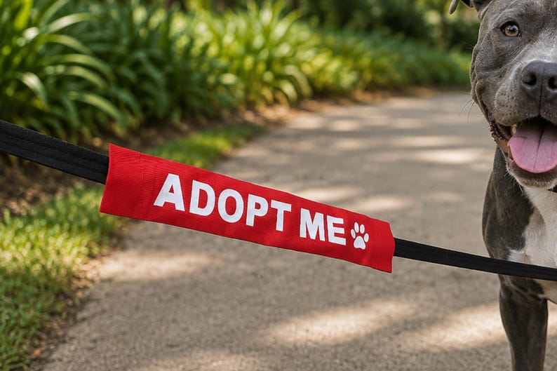 May include: A bright red rectangular leash sleeve featuring the white text ADOPT ME and a small white paw print icon. The sleeve is attached to a black dog leash, positioned horizontally across the frame next to a grey dog with its mouth open.