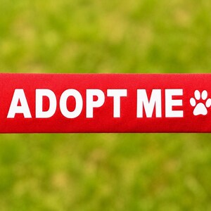 May include: A rectangular red fabric sleeve featuring the white text ADOPT ME and a white paw print icon. The sleeve is positioned horizontally and is threaded onto a black cord that extends from both the left and right sides of the fabric.