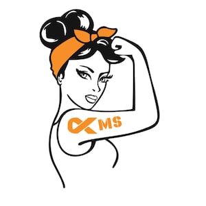 May include: Black and white illustration of a woman with a red and orange bandana, flexing her bicep with an orange ribbon and the text "MS" on her arm.