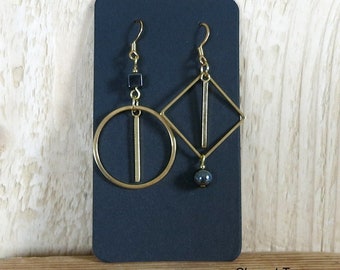 Boucles asymétriques dorées et noires, forme géométrique, anneau et carré, pierre hématite, acier inoxydable, clips oreilles non percées