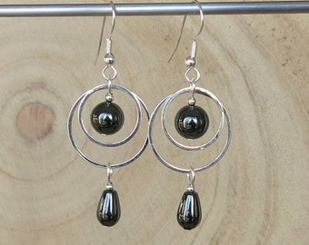 Black earrings, hematite stone, drops, silver hoops, stainless steel, Clips for non-pierced ears.