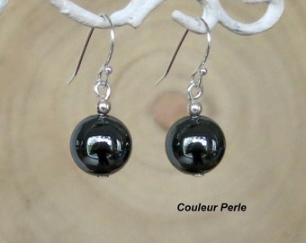 Black round earrings, natural hematite stone, classic feminine jewelry.