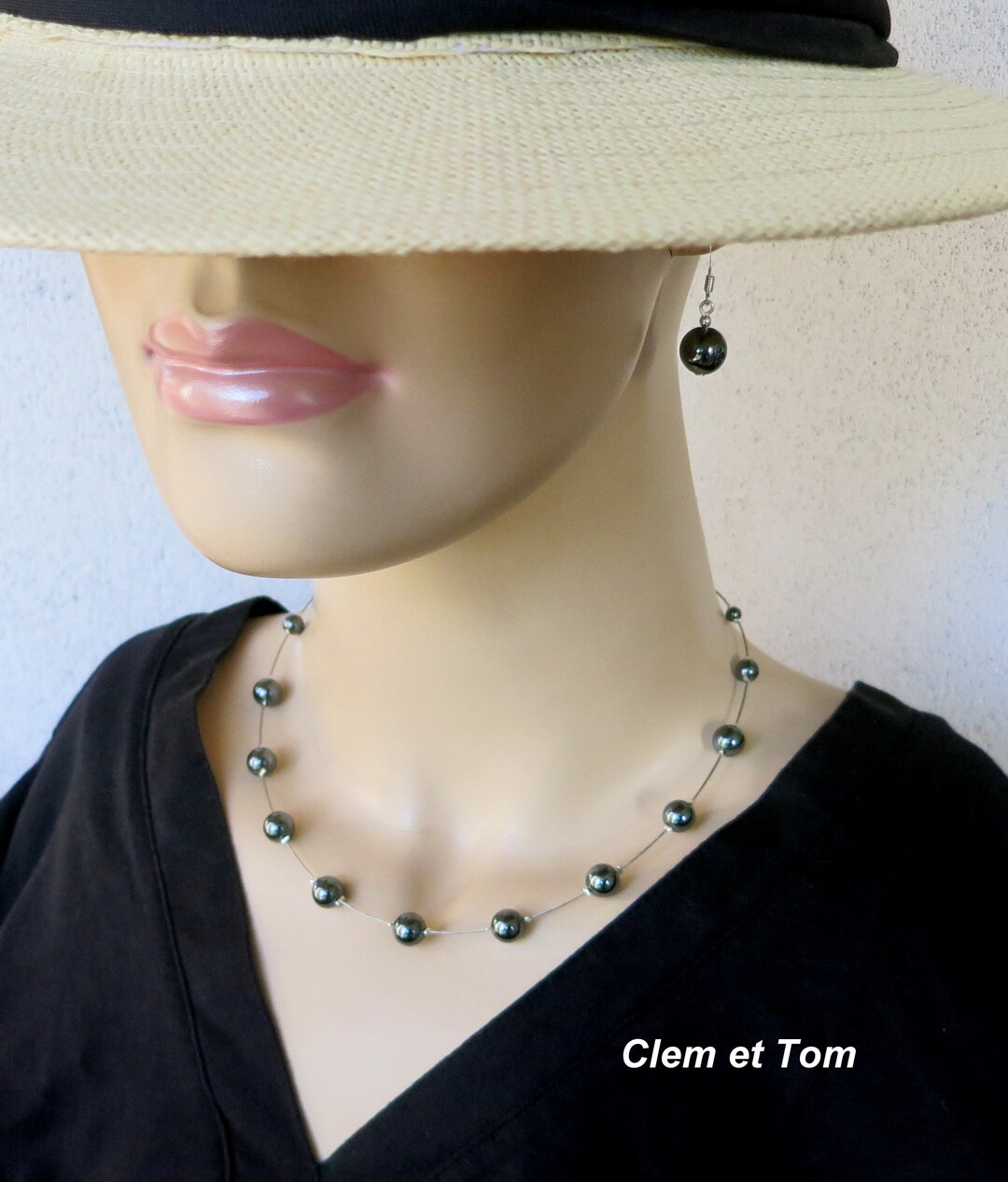 Parure Bijoux Collier & Boucles D'oreilles Hématite Noire - Marque ThurColas, Acier Inoxydable - Neuf