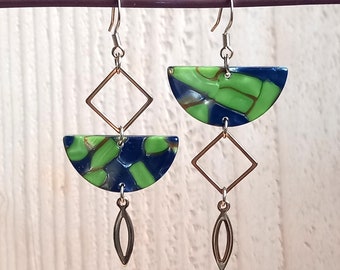 Asymmetrical earrings, khaki green, gold, blue, offset, trendy earrings, cellulose acetate.