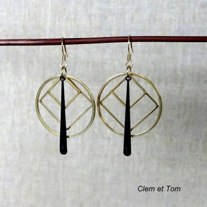 Gold and black earrings, creoles, long, light, geometric shape, rings and squares, stainless steel.