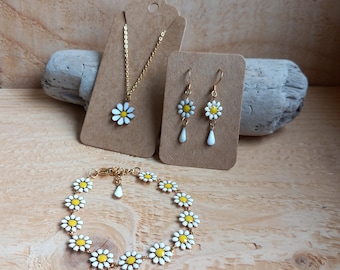 Parure fleurs marguerites, collier boucles d'oreilles et bracelet, ensemble bijou fleurs de printemps.