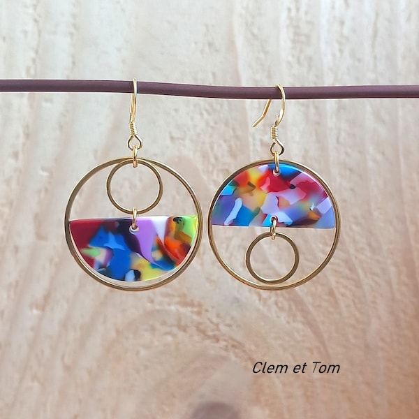 Asymmetrical Pop Art earrings, multi-colored offset earrings, colorful hoop earrings, gold rings, cellulose acetate, clip option.