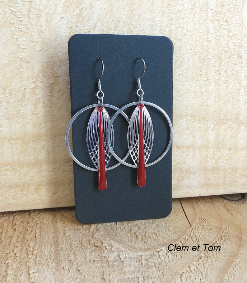 Silver and black, silver and red earrings, rings, hoops, stainless steel, light earrings, trendy. Red