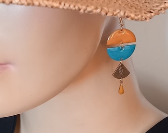 Asymmetrical, offbeat earrings, bohemian earrings, mustard, khaki, turquoise.