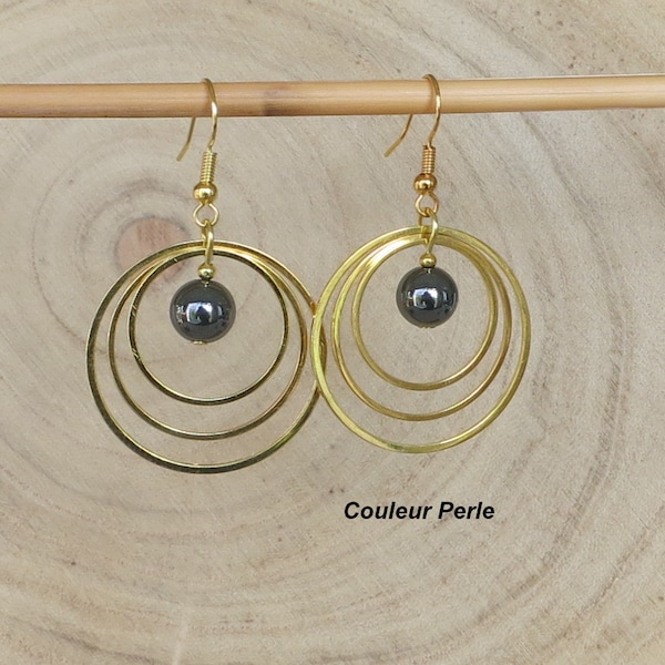 Boucles d'oreilles noires et dorées, anneaux dorés créoles, perles noires , pierre hématite, bijou féminin, acier inoxydable.