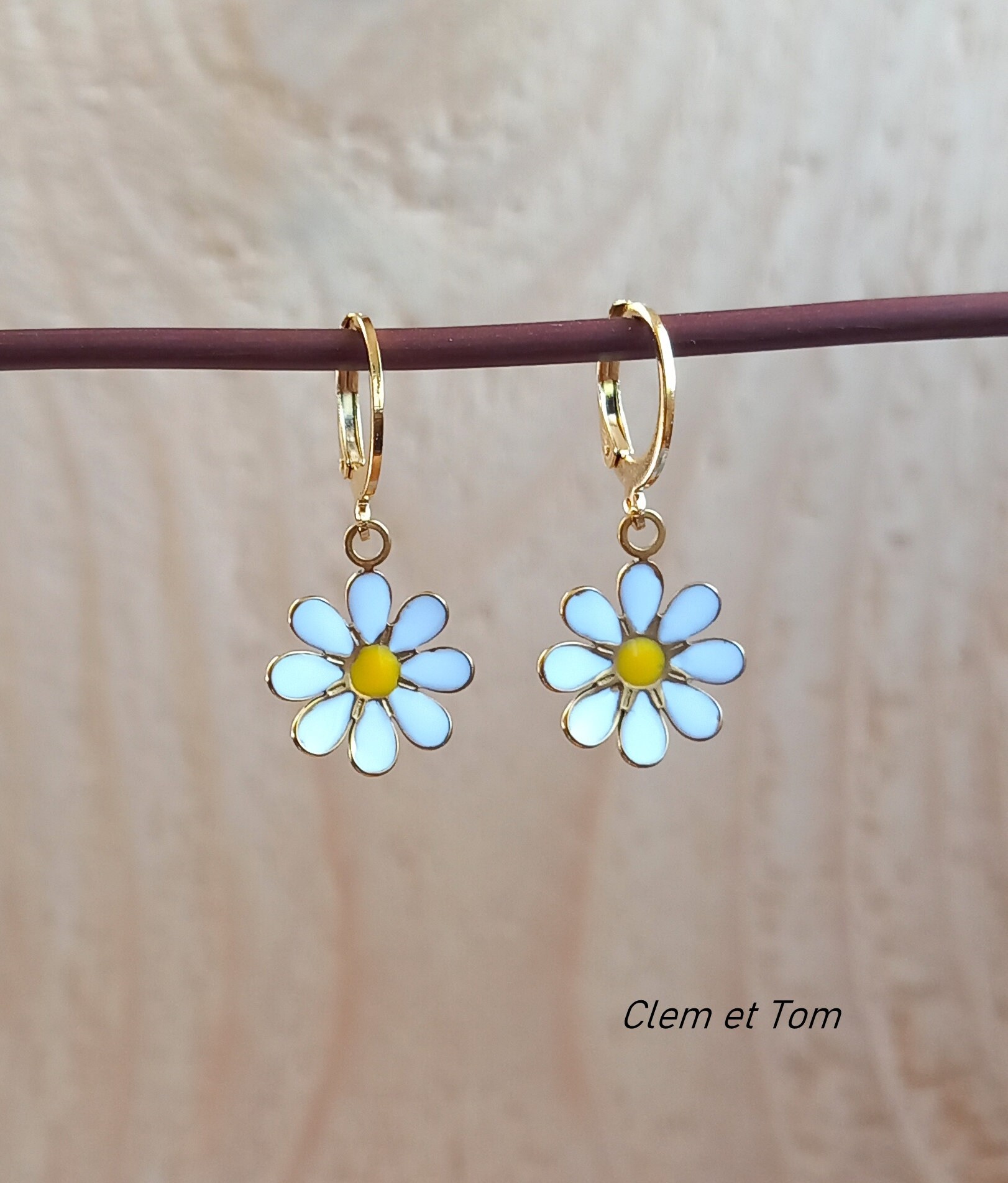 Daisy earrings, daisy, flowers, daisy earrings, gold and enamel, stainless  steel
