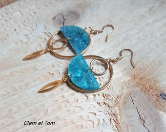 Cellulose acetate earrings, asymmetrical, offset loops, blue, gold glitter gray, gold stainless steel.